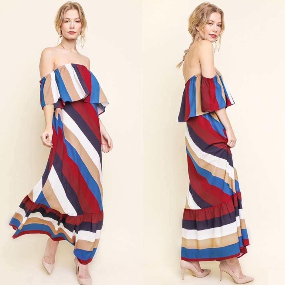 STORE CLOSING SALE!  Red White and Blue Off The Shoulder Maxi Dress